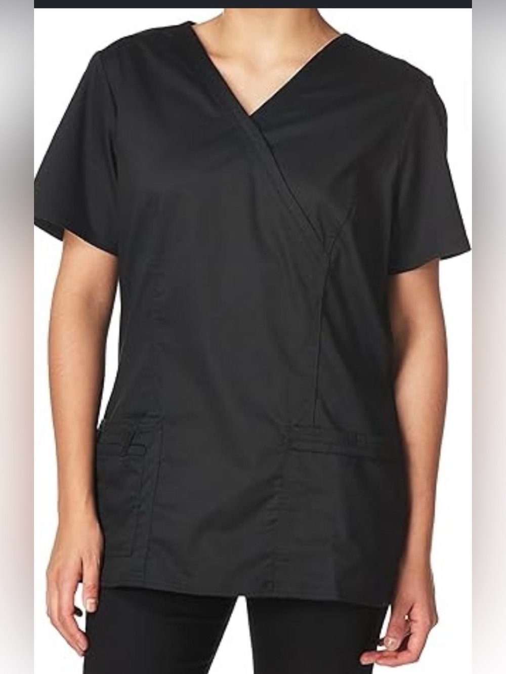 Black UNIFORM SCRUB TOP V-Neck Wrap Tunic Top with Front Pockets by Cherokee